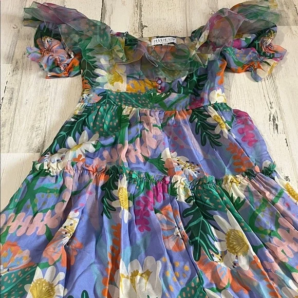 Jessie Liu Summer Floral Tiered Silk Midi Dress Size Medium - Picture 5 of 12